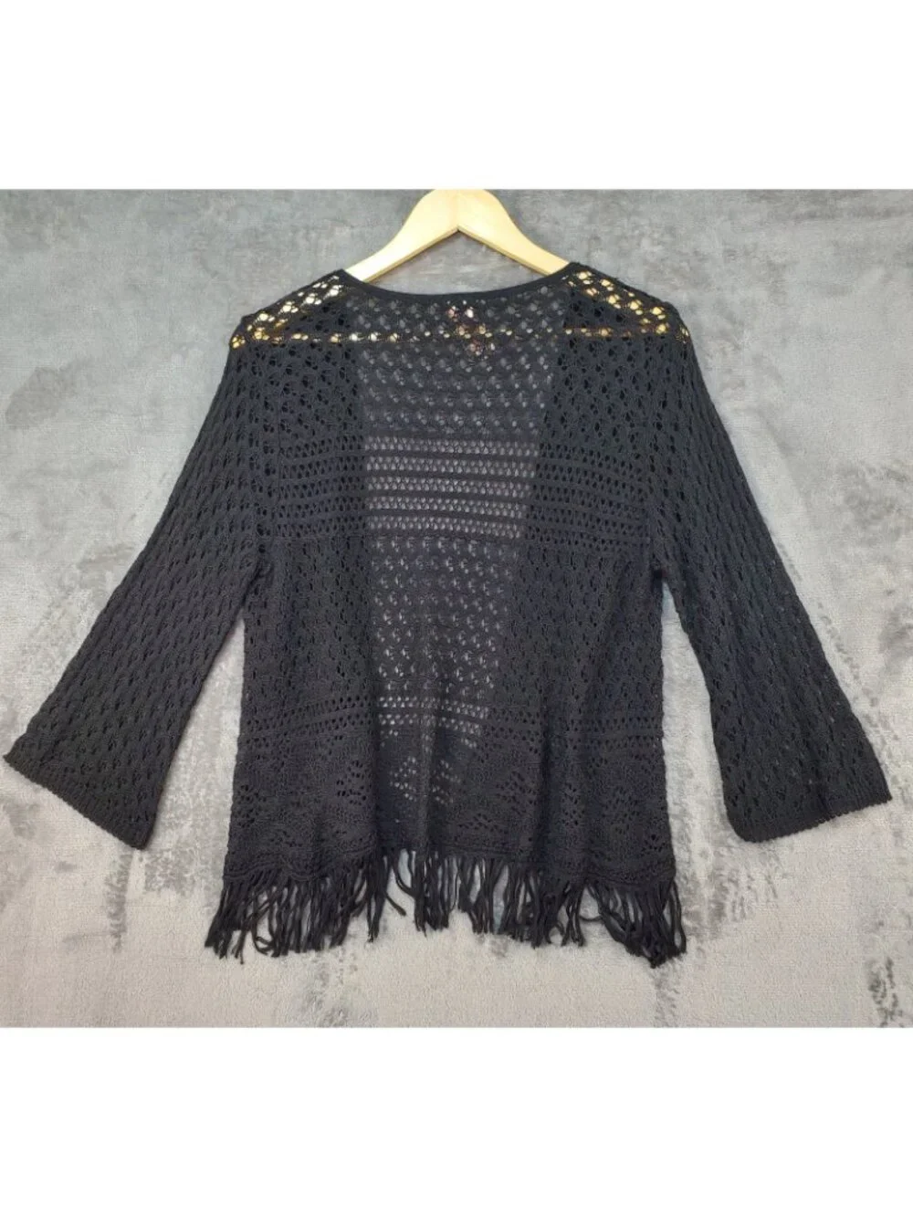 Girls Black Cardigan Sweater Size XL (14/16) Knit Open Front Fringe Boho Fairy